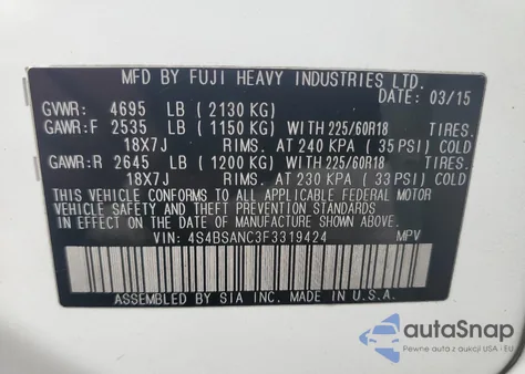 2015 Subaru Outback 2.5I Limited из США, поврежденный, VIN 4S4BSANC3F3319424